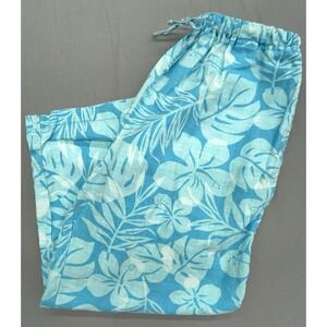 Women Linen Pants S Aqua Blue Cropped Tropical Floral Beach Coastal Preppy